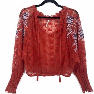 Free People Jubilee Red Embroidered Lace Blouse Size Small